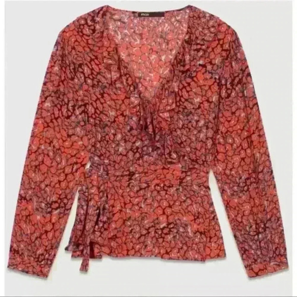 Maje Lito Wrap Blouse with Ruffles Leopard Animal Print Red Leopard, size 3 - Picture 1 of 10